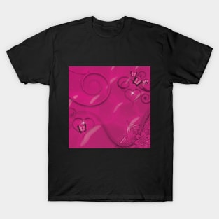 Hearts Twinkling, Vines Creeping, Butterflies Flying, Bubbles Floating , Flowers & Leaves in a Fantasy World of Pink T-Shirt